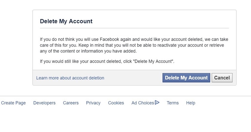 تاییدیه ی حذف اکانت فیس بوک برای همیشه.